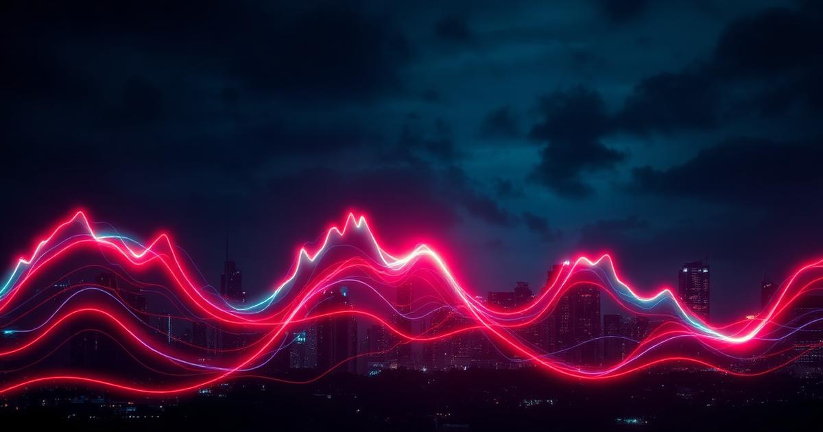 Understanding market volatility — turbulent price waveform over a night skyline